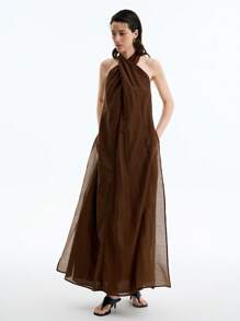 SHEIN Stylify 女士轻盈优雅简约高端休闲/度假/办公室舒适宽松纯色半透明双层面料长裙，侧开衩，口袋，交叉领带，春夏 - 棕色 - 查看 5