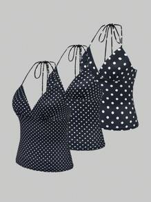 INAWLY 3pcs/Set Women's Polka Dot Camisole Top, Includes Large, Medium & Small Dot Patterns, Casual Holiday Style - Black and White - View 4