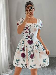 Elenzga 女士度假风方领泡泡袖花卉印花迷你连衣裙