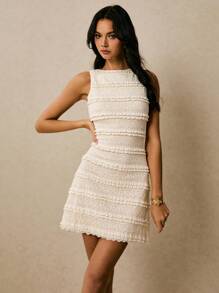 Poéselle Vestido mini elegante de verano para mujer con volantes de encaje, sin mangas y ajustado, para salir