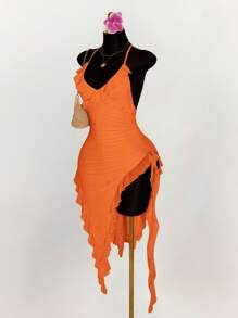Amplova Deep V-Neck Ruffled Asymmetrical Hem Flounce Tied Bodycon Halter Dress Orange Dress Summer Dress Vacation Dress Orange Ruffle Dress,Party Dresses For Women - Burnt Orange - View 6
