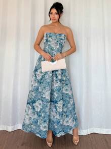 Rafferiza 女式夏季束腰蓝色雏菊印花抹胸优雅吊带裙