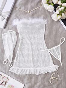 DelicateAllure 4 Pieces Set Lace & Faux Fur Trim Sexy Slip Dress, Elegant For Women, Valentine's Day Bridallingerie Summer Babydoll Dress  Cozy And Elegant Details - White - View 3