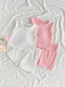 SHEIN 4pcs Baby Girls Pink Summer Cute Vacation Outfit Set,Butterfly Embroidered Crew Neck Sleeveless Knit Vest Top And Matching Shorts,Fresh Sweet Style - Multicolor - View 7