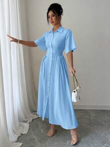 Elenzga Vestido largo con diseño de solapa y borde abullonado, azul - Celeste - Ver 3