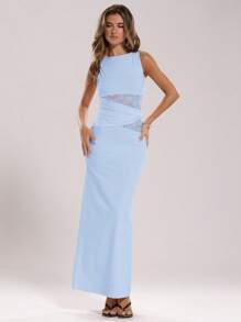 SHEIN BAE 女士黑色优雅蕾丝拼接真丝长裙，优雅女士连衣裙，派对女士服装，新年女士连衣裙，黑色女士连衣裙，新年女士服装，新年派对连衣裙 - 淺藍色 - 查看 3