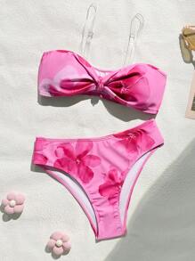 SHEIN 女童可爱图案泳衣套装，非常适合海滩度假和游泳 - 玫紅色 - 查看 1