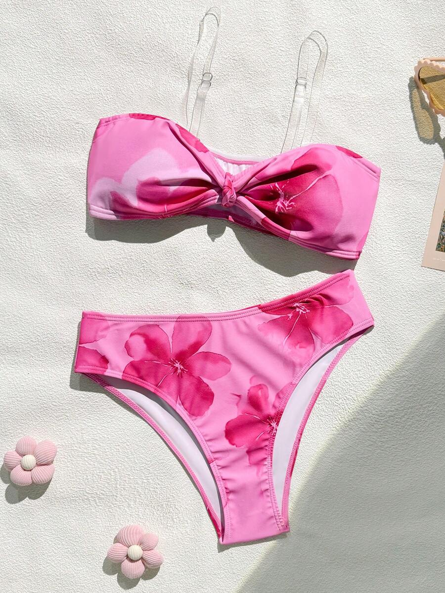 SHEIN 女童可爱图案泳衣套装，非常适合海滩度假和游泳 - 玫紅色 - 查看 1