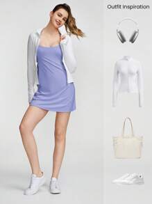 GLOWMODE FeatherFit™-Air Peekaboo方領口衛衣式口袋防滑活動短裙，內置短褲輕支撐低衝擊力春夏連衣裙 - 紫色 - 查看 8