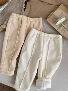 SHEIN LMoss Kids LMoss 2 件装女婴灯芯绒保暖内衬松紧腰裤套装，秋冬款