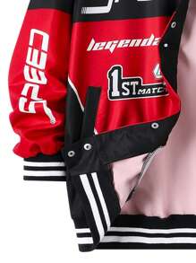 SHEIN Chaqueta informal de béisbol para adolescente con bloques de color, logotipo y estampado en inglés, manga larga con puño acanalado y tejido plano para abrigo, estilo urbano