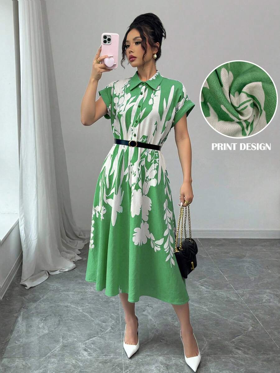 Rafferiza Women Bat Wing Sleeve Collared Belted Floral Print Dress - Green - View 1