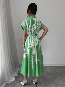 Rafferiza Women Bat Wing Sleeve Collared Belted Floral Print Dress - Green - View 2