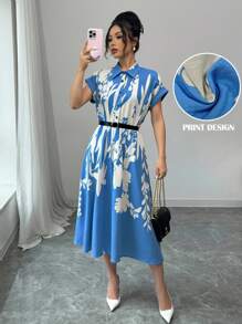 Rafferiza 女式蝙蝠袖衬衫领系带腰部花卉印花连衣裙