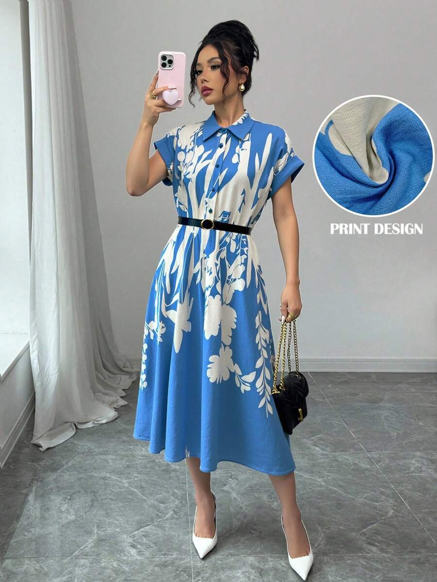 Rafferiza 女式蝙蝠袖衬衫领系带腰部花卉印花连衣裙