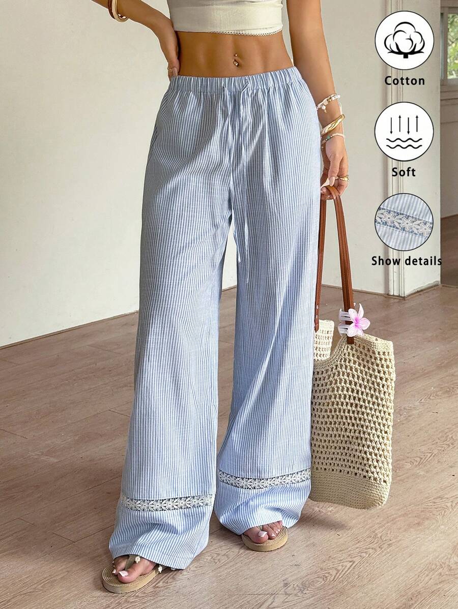Sunnyshic Quần dài thường ngày cạp chun hở ren kẻ sọc rộng rãi mùa xuân/hè 2025 - Màu xanh lam - Xem 1