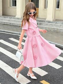 SHEIN Tween Girls 2 Pieces Set: Solid Color Floral Decor Slip Dress & Short Sleeve Jacket - Pink - View 4