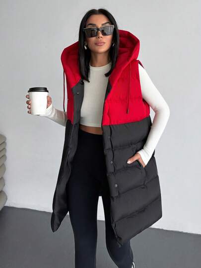 SHEIN Damen Wintermantel, 2-farbig, Blockfarben, ärmellos, gepolstert, mit Kordelzug, Kapuzenkragen, Druckknopfverschluss vorne, Midilänge, lässig