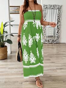SHEIN Clasi Mono estampado de talla grande con hombros descubiertos y diseño de dobladillo con abertura - Verde - Ver 3
