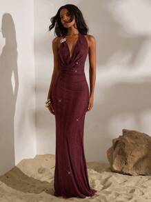 Opulessa 女式纯色针织网眼露背鱼尾吊带连衣裙