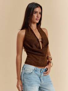 SHEIN BAE 奶油黄色性感网眼垂坠领波西米亚风格衬衫/短款上衣，夏季海滩度假背心' - 棕色 - 查看 5