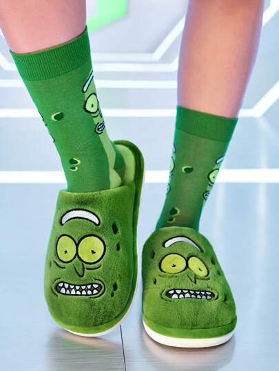 Rick and Morty X SHEIN Fashionable & Fun Green Embroidered Cucumber Plush Slippers Shoes, Comfortable & Warm Unisex Indoor Slippers, Suitable For All Seasons: Spring, Autumn, Winter For ,Winter