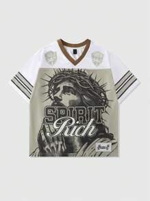 ROMWE MEN Prep 男士网眼拼接运动短袖T恤、运动服 - 杏色 - 查看 1