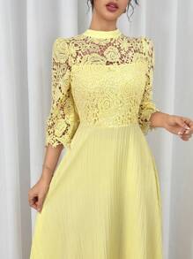 Modelyn Yellow Eyelet Embroidery Patchwork Maxi Long Sleeve Dress For Women - Yellow - View 4