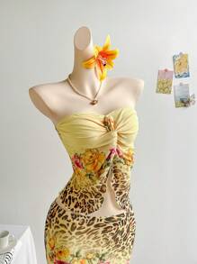 Soleia 2 件豹纹和花朵图案露背扭纹上衣和修身鱼尾下摆中裙套装，适合女士、度假、音乐节、海滩、夏季、波西米亚风、度假、钩针编织、亚麻布， - 彩色 - 查看 4
