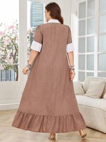 Lacomfia Plus Size Women Contrast Color Short Puff Sleeve Single Breasted Arabic Style Dress - Multicolor - View 2