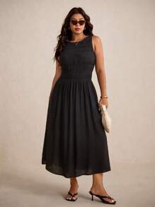 Elaquor 大码女式黑色无袖松紧腰连衣裙，适合度假、通勤和日常穿着 - 黑色 - 查看 1