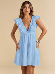 SHEIN BAE Linen V-Neck Short Sleeve Slim Fit Mini Dress, Vacation Dress, White Dress, Graduation & Back To School Dress,Boho Clothes Women - Baby Blue - View 6