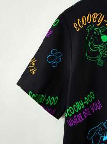 SCOOBY-DOO X SHEIN Tween Boy Cartoon Colorful Neon Puppy Pattern Black Casual Versatile Short Sleeve T-Shirt, Summer - Black - View 4