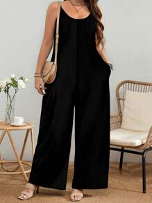 EMERY ROSE 大码女式休闲纯黑色阔腿连体裤，宽松款式，适合夏季度假