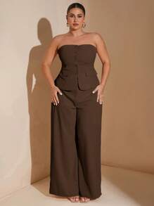 SHEIN Tall CURVE 大码女士优雅约会甜美女孩纯色抹胸西装外套夏季套装，适合工作制服办公室仙女美人鱼风商务套装 - 咖啡棕 - 查看 7