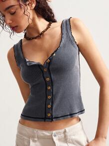 Bohemela 1件装女士纯色针织露肩短款上衣，休闲罗纹背心，女士纽扣背心，灰色罗纹背心 - 深灰色 - 查看 3