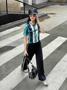 SHEIN Conjunto de camiseta informal con cuello en V, manga corta, estampado de rayas en contraste y texto para adolescentes niñas - Multicolor - Ver 6