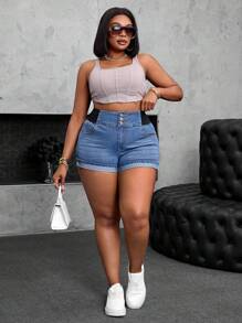 SHEIN SXY Women Plus Slant Pocket Casual Mini Shorts With Elastic Denim Shorts