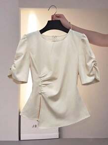 Franclia 不对称设计优雅女式圆领衬衫 - 杏色 - 查看 3