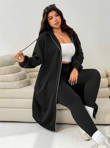 Solflare Black Plus Size Women Casual Fleece Drop Shoulder Zip-Up Drawstring Hooded Jacket,Fall,Winter,Back To School,Business Casual,Office Outfits,Work,Teacher,Warm,Fall Clothes For Women Autumn