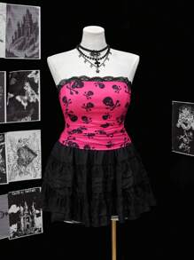 Flirla Áo ba lỗ ngắn không tay cỡ lớn cho nữ, họa tiết đầu lâu màu hồng cánh sen phong cách Punk, gợi cảm cá tính cho các buổi hẹn hò và tiệc tùng - Màu Hồng Tươi - Xem 3