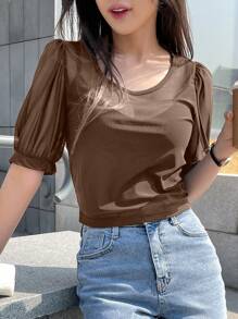 DAZY 女士半透明短袖圆领网眼套头休闲上衣，夏季 - 棕色 - 查看 1