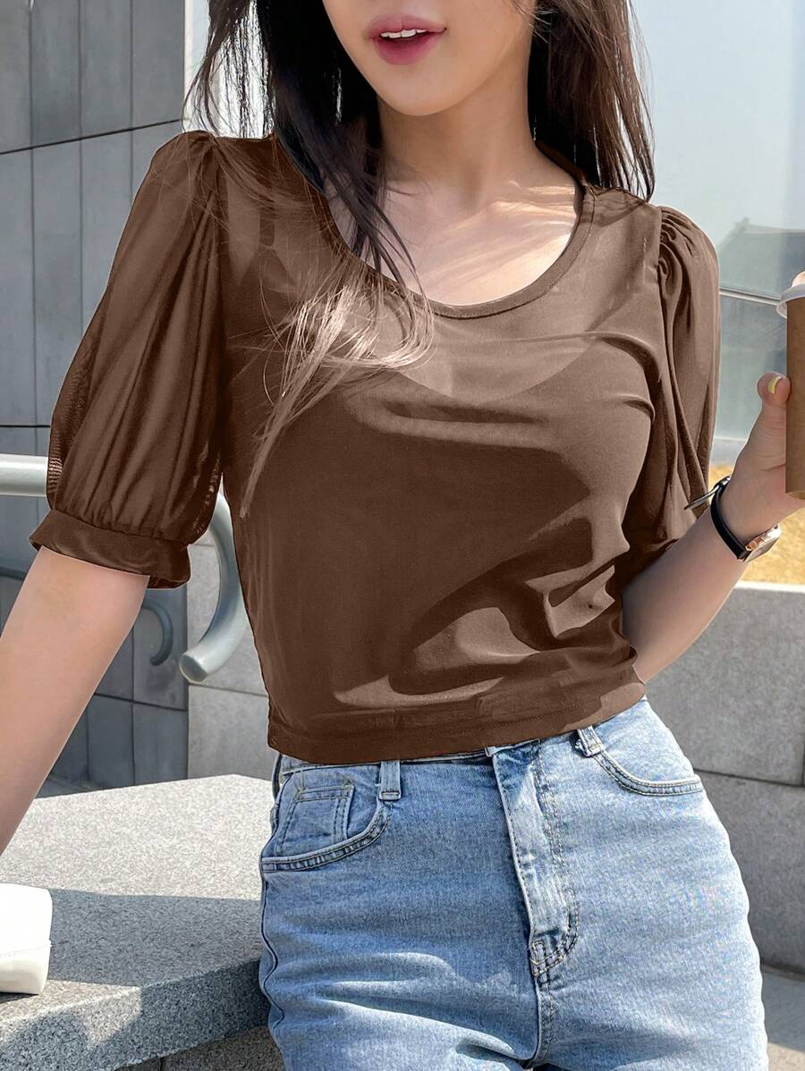DAZY 女士半透明短袖圆领网眼套头休闲上衣，夏季 - 棕色 - 查看 1