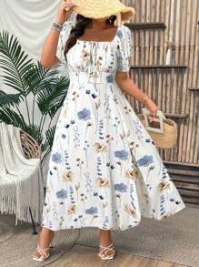 SHEIN Clasi 大码女式夏季假日花卉印花前系带短款泡泡袖连衣裙，侧开衩下摆，优雅长款女装 - 白色 - 查看 3