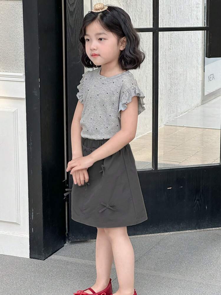 2pcs/Set Young Girls Round Neck Polka Dot Print Short Sleeve T-Shirt And Skirt Outfit, Summer