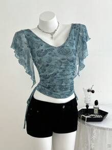 Elamini Women's Sexy & Fashion Mesh Paisley Pattern Side Drawstring Ruffle Trim Short Sleeve T-Shirt For Summer - Green - View 3