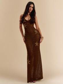 SHEIN BAE Đầm ôm body lưới đan móc họa tiết sao biển màu nâu/cà phê trơn cho nữ, Đầm đi biển nghỉ dưỡng, Đầm đan móc, Đầm mùa hè - màu nâu - Xem 3