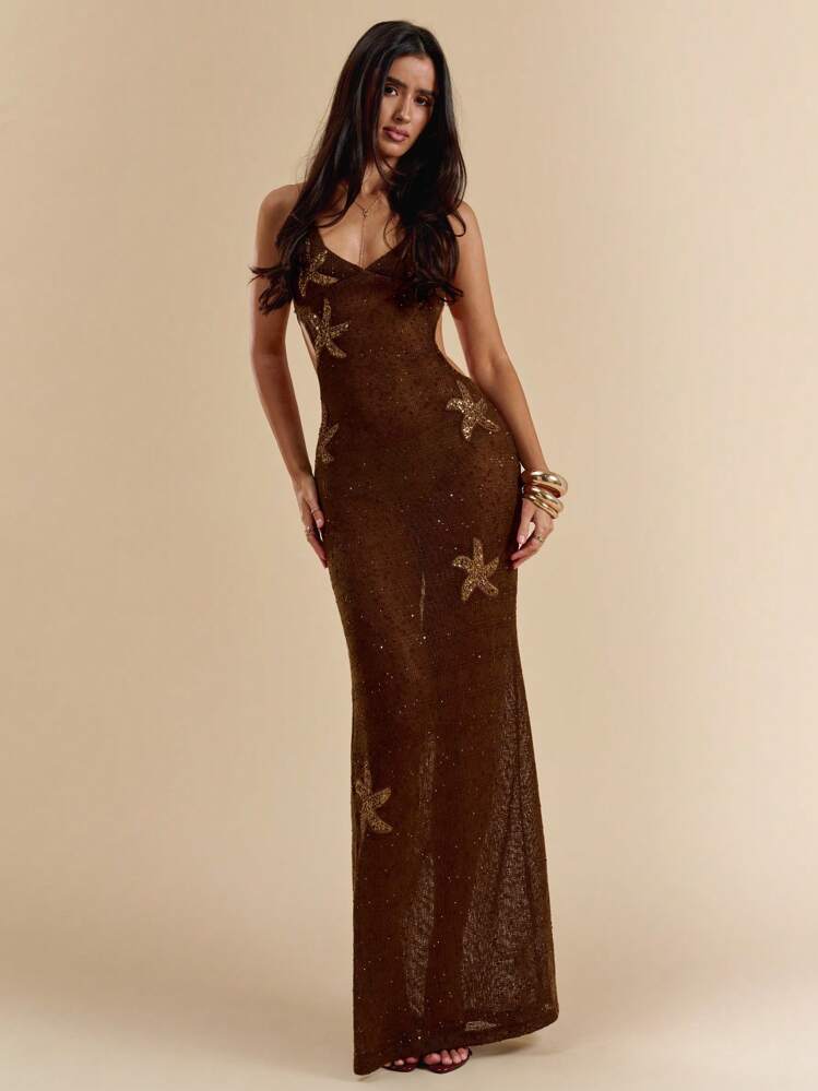 SHEIN BAE Women's Solid Brown/Coffee Bodycon Fitted Mesh Crochet Starfish Decor Mini Dress, Vacation Beach Dress, Crochet Dress, Summer Dress,Boho Clothes Women - Brown - View 3