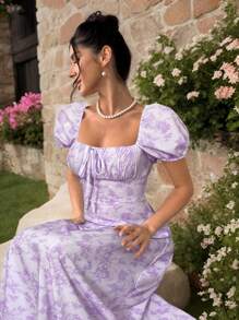 Firerie 女式新款蓝白花朵性感方领泡泡袖花卉印花前系带连衣裙，波西米亚风连衣裙，适合情人节、音乐会、表演、约会、派对、庆典、婚礼季节、性感、优雅、通勤、返校、度假、海滩、浪漫 - 紫色 - 查看 3