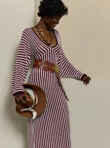 Bóhologie Vestido de punto tipo pareo con cuello en V, espalda descubierta y detalles rayados para mujer